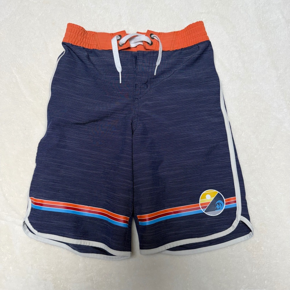 Hanna Andersson Boys Sunblock Board Shorts Size 6-7 Blue Orange Striped Beach